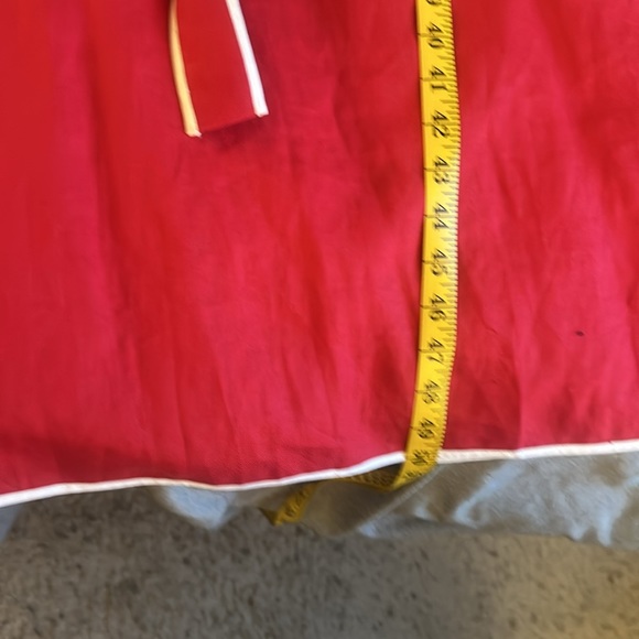 Red short sleeve Wrap Linen dress with white piping trim and tie belt. - Picture 11 of 14